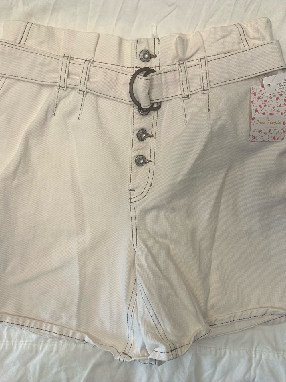 Free People High-Waist Cream Button-Front Shorts with D-Ring Belt 4 NWTS